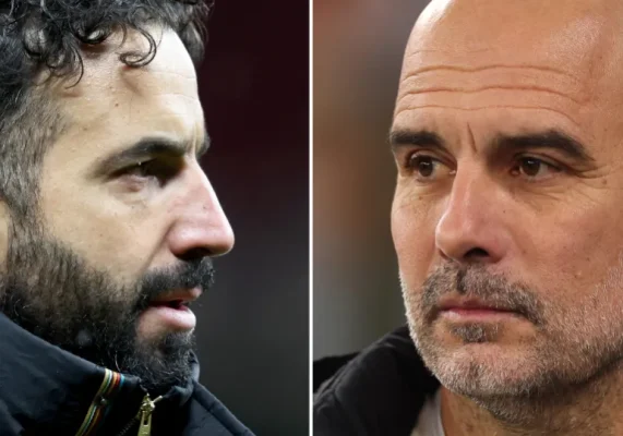 Huấn luyện viên trưởng Pep Guardiola và huấn luyện viên trưởng Manchester United Ruben Amorim